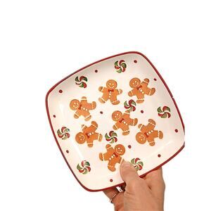 Square Gingerbread Platter Christmas 7.25" Ivory Cookie Plate Vintage Christmas